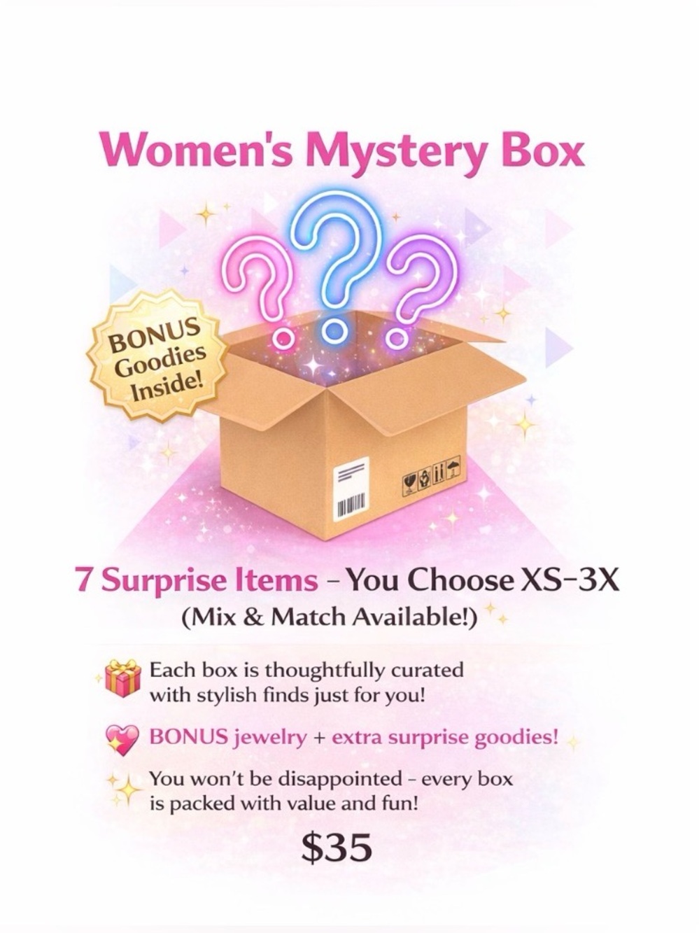 Women's Mystery Box - 7…yes 7 items. You choose XS-3X.  I can mix sizes.